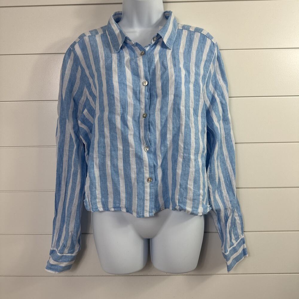 Cynthia Rowley 100% Linen Button Front Shirt Cropped Blue White Stripe sz L